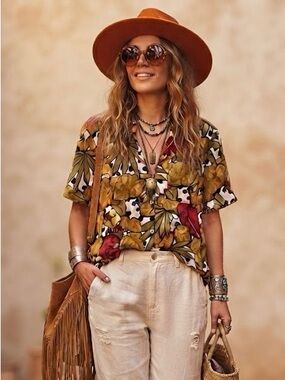 Vintage Allure Tropical Parrot Print Button-Down Shirt Mustard Red White Boho